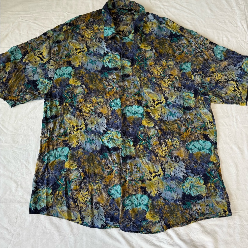 Vintage Mens Bon Homme Vibrant Button Up Camp Hawaiian Fun Print, size L‎
